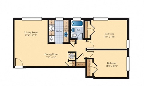 Floor plan for 2 beds, 1 bath, 795 sqft